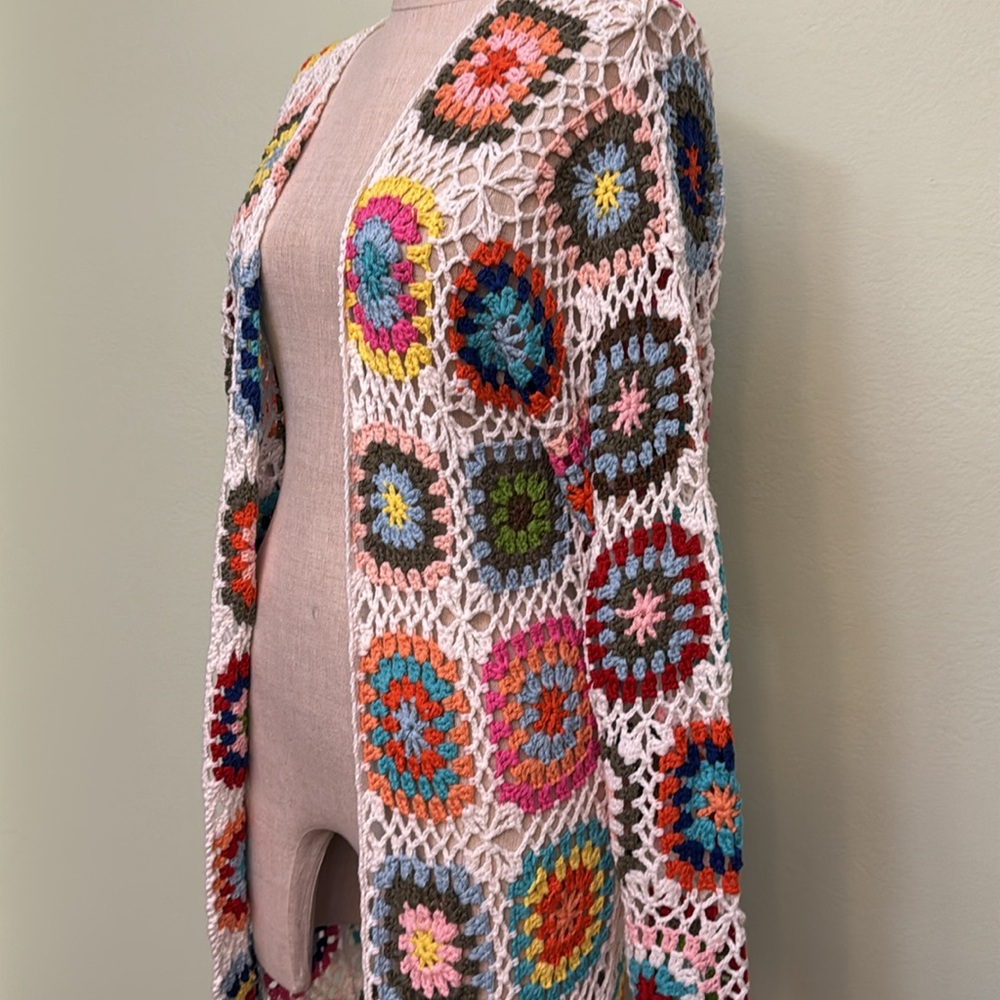 BIBI Handmade Granny Square Crochet Cardigan swim suit coverup long cardigan L - Picture 12 of 12